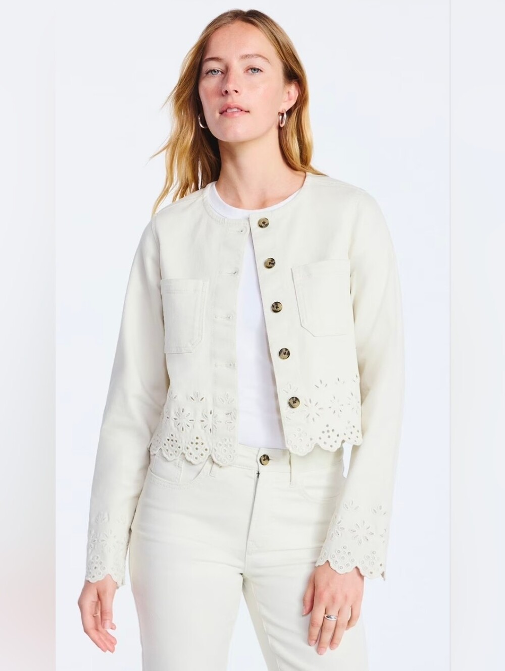 Cropped Eyelet Hem Button-Front Jacket - Cream